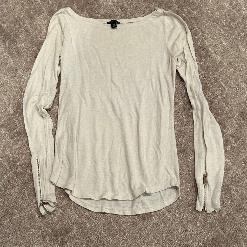 Ann Taylor Cream Long Sleeve Top With Zipper Detail